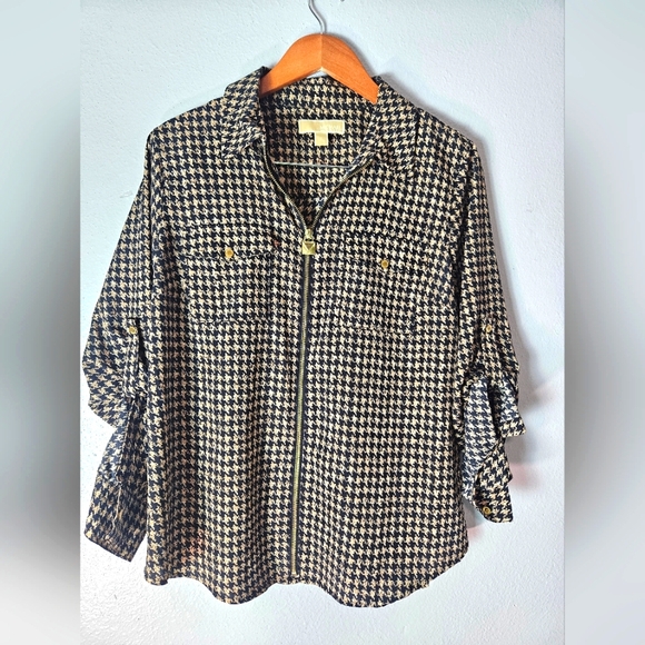 MICHAEL Michael Kors Black and Tan Houndstooth Zip Blouse - Picture 3 of 11